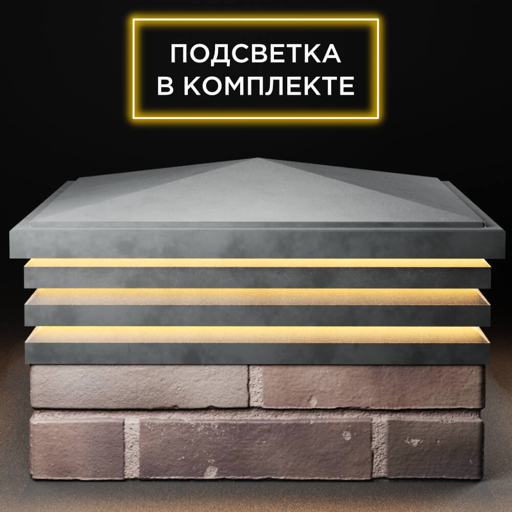 Колпак Zking Бона ХайТек Серый на столб 2х2 кирпича (513х513мм) с подсветкой